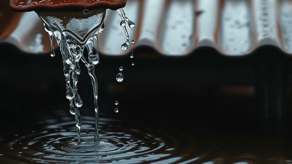 Cinematic close-up of rainwater cascading from the edge of a traditional clay tile roof, each droplet glistening like crystal. The water forms delicate streams, splashing onto the rich, muddy earth below, creating intricate ripples that reflect the muted gray sky, evoking tranquility.