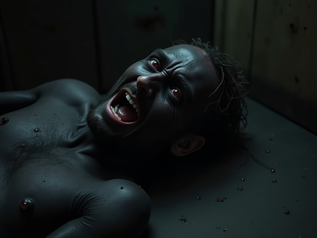 A man collapses on all fours, screaming in agony, his eyes wide and bloodshot, glistening with tears. His skin is completely black, charred. He's in a dimly lit room.