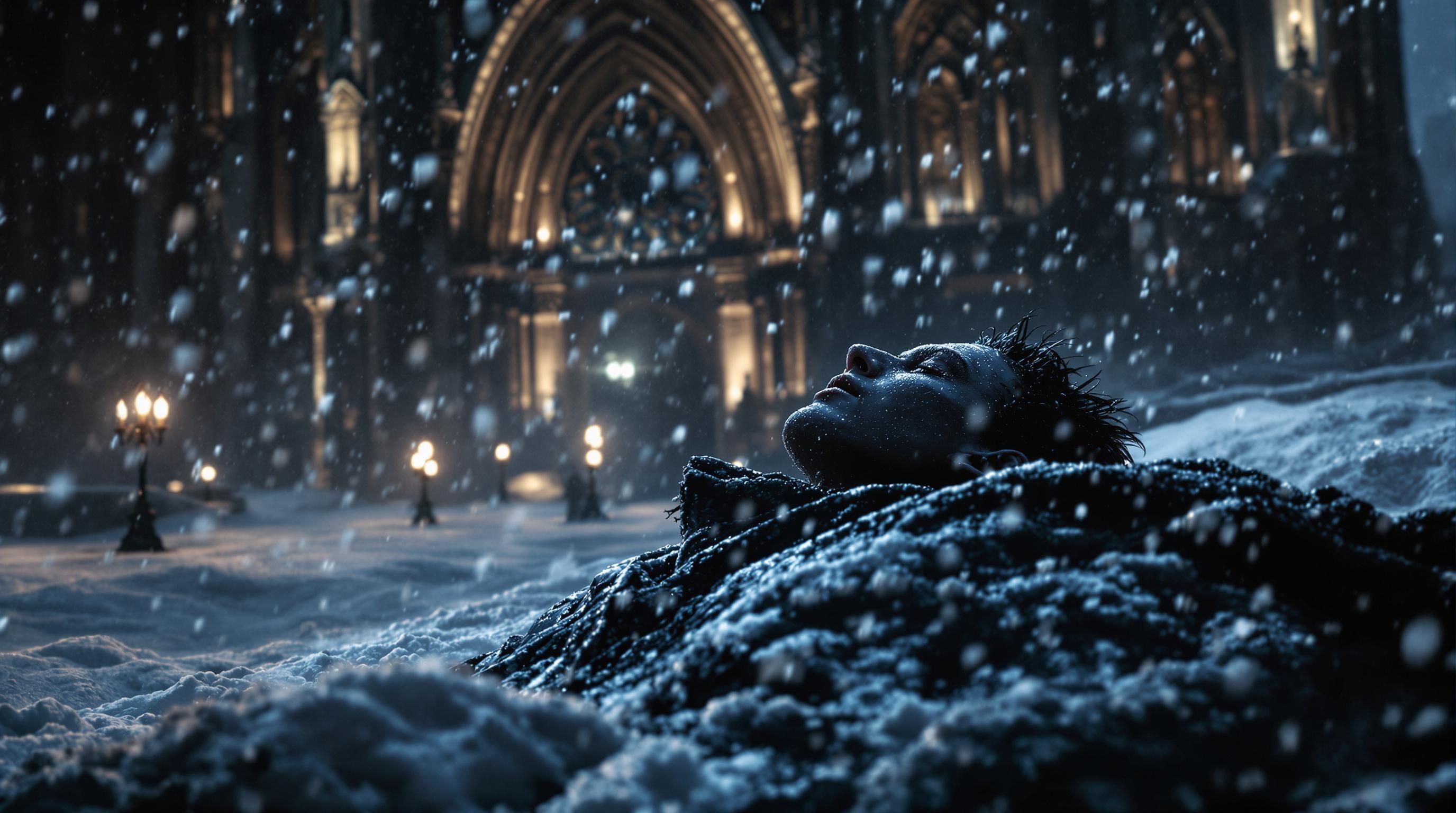 A hauntingly beautiful portrait of guts from berserk, guts laying in rain  amidst a snow-covered landscape. The scene unfolds at night, with snowflakes gently falling, illuminated solely by the flickering candlelight of Cologne Cathedral, creating a chilling gothic atmosphere. The blizzard swirls around, enhancing the eerie mood, while the intricate details of the cathedral's architecture loom in the background, casting long shadows. The contrast of the dark figure against the white snow evokes a sense of dread and beauty, merging horror with elegance in this breathtaking, cinematic composition.