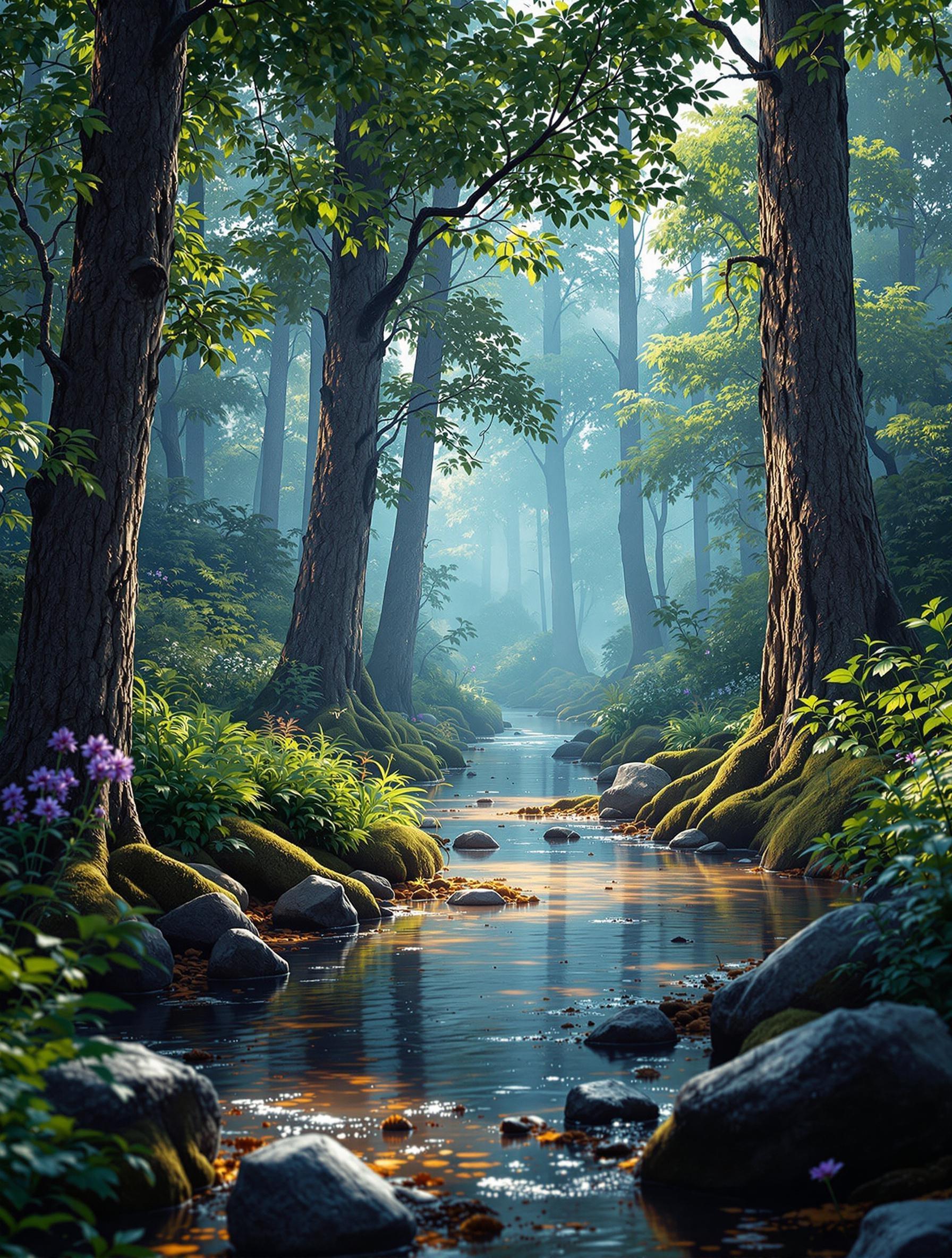 A hyper-realistic scene showcasing [insert key elements of the photo, like a  forest .] The composition is rich with intricate details and vibrant colors. Lighting is soft yet dynamic, casting subtle shadows and highlights. Textures are highly defined, such as [describe textures, e.g., rugged bark on trees, shimmering water]. The overall style is cinematic with a balanced mix of realism and artistic flair. The image is rendered in 4K resolution, emphasizing fine details and depth, while maintaining an ultra-clean and polished aesthetic.