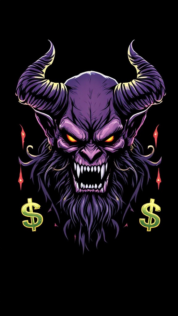 Gangster demon with money
signs. T-shirt graphic. 4 colors.
SVG format. Black background.
No gradient

