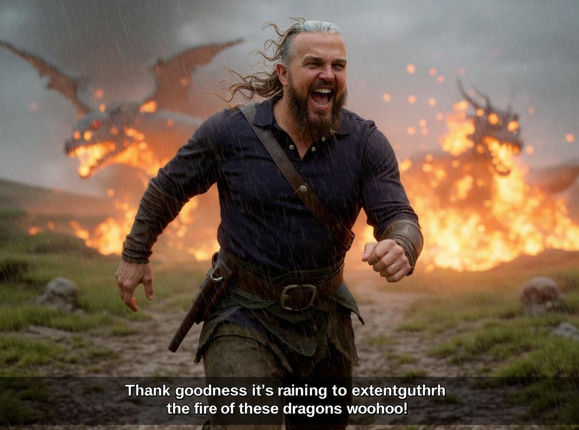 Put my image (uploaded) into a Viking barbarian warrior running to the right in an epic setting. The warrior (me, the character in the uploaded image) has the characteristics of a classic Viking, with a thick beard, long hair, and typical barbarian clothing, including animal skins and weaponry. In the background, there are flaming dragons, but rain is falling, extinguishing the dragons' fire. The warrior is smiling as he shouts, "Thank goodness it's raining to extinguish the fire of these dragons, woohoo!" The speech should be clearly visible in text bubbles or as a caption, with a lively and energetic tone. The warrior's running motion should be realistic, and the rainy atmosphere should be detailed, maintaining the mood of an intense and epic Viking setting.