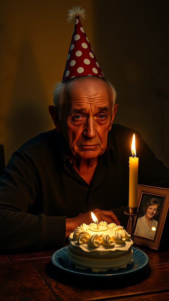 Create a poignant nighttime indoor scene in ultra-realistic photography style. An elderly, balding man with sparse white hairs sits at a dark wooden table, illuminated by a flickering candle's dim, yellowish glow. He wears a vibrant, polka-dotted party hat, contrasting sharply with the melancholic atmosphere. His deeply wrinkled face, marked by sadness and reflection, is beautifully highlighted by the soft light, emphasizing his emotional depth. The table features a small birthday cake adorned with glossy cream frosting, resting on a blue ceramic plate, with a single lit candle casting a warm glow. Beside the cake, a photo frame holds an image of his late wife, reflecting the candlelight, enhancing the scene's emotional weight. The yellowish light creates a delicate interplay of shadows, accentuating the textures of the surfaces and the man's sorrowful expression, deepening the realism. The background reveals a subtly textured, neutral-colored wall, hinting at the age of the house, ensuring the focus