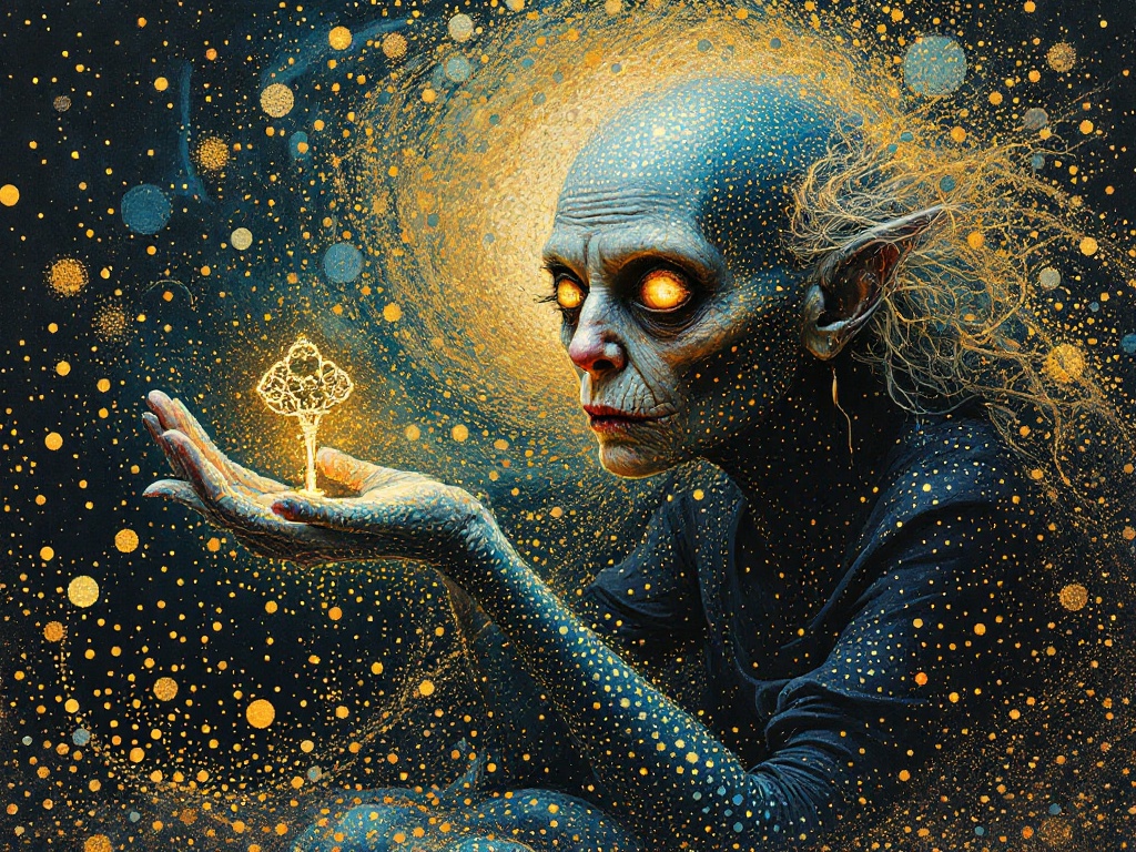  A cynical hag with ideal proportions, exuding intelligence and beauty, sits amidst a swirling vortex of pointillist dots, reminiscent of Seurat's Post-Impressionist mastery. Her eyes gleam with a knowing intensity, à la Mark Ryden's Pop-Surrealist mystique. In the background, a distorted, glitch-art-inspired aura pulsates, as if Nolan Leto's digital essence has seeped into the scene. The hag's skin is a mosaic of tiny, shimmering dots, gradating from deep blues to radiant golds, evoking an air of mystical allure. A delicate, filigree-patterned key rests in her outstretched hand, symbolizing the surrender of her innermost self.