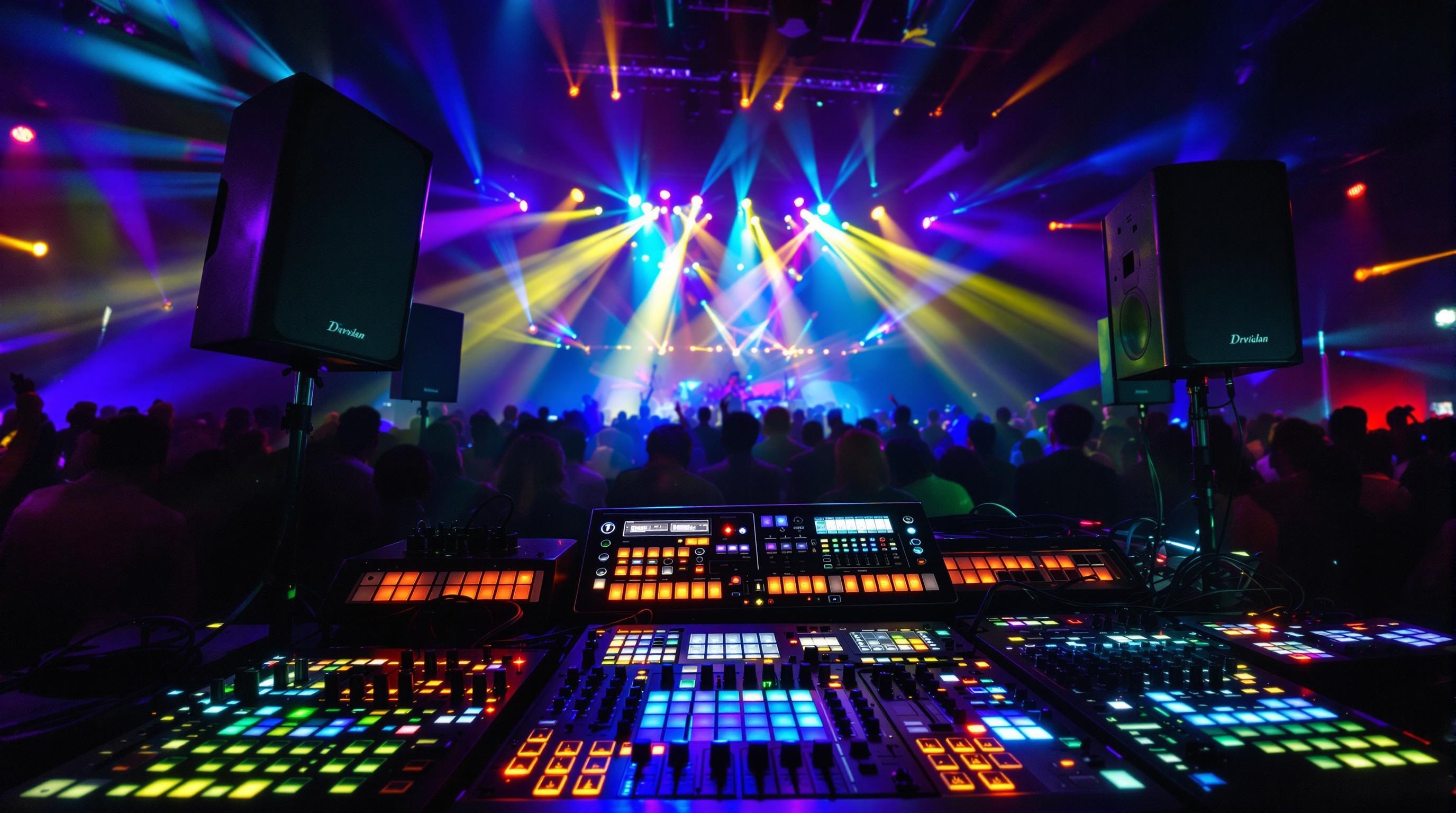 A hyper-realistic depiction of a professional sound system setup at a vibrant indoor event, featuring sleek black speakers, illuminated mixing consoles, and colorful LED lights casting dynamic shadows. The atmosphere buzzes with excitement, capturing the essence of live music and connection.