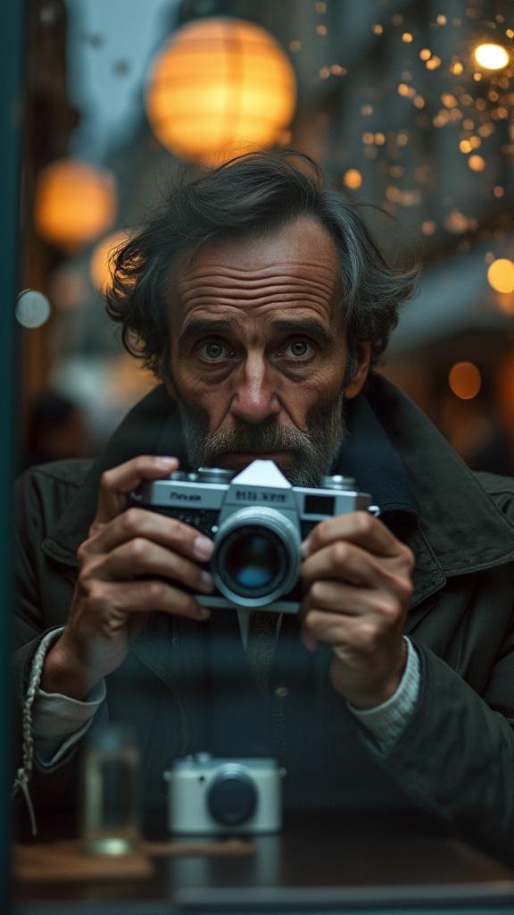 A hyperrealistic photograph of a man, mid-40s, with weathered skin and kind eyes, holding a vintage Leica M6, capturing his own reflection in a rain-streaked window of a Parisian cafe at dusk; the image imbued with a melancholic yet hopeful atmosphere, reflecting the fleeting beauty of life's moments, a poignant blend of realism and subtle surrealism.
