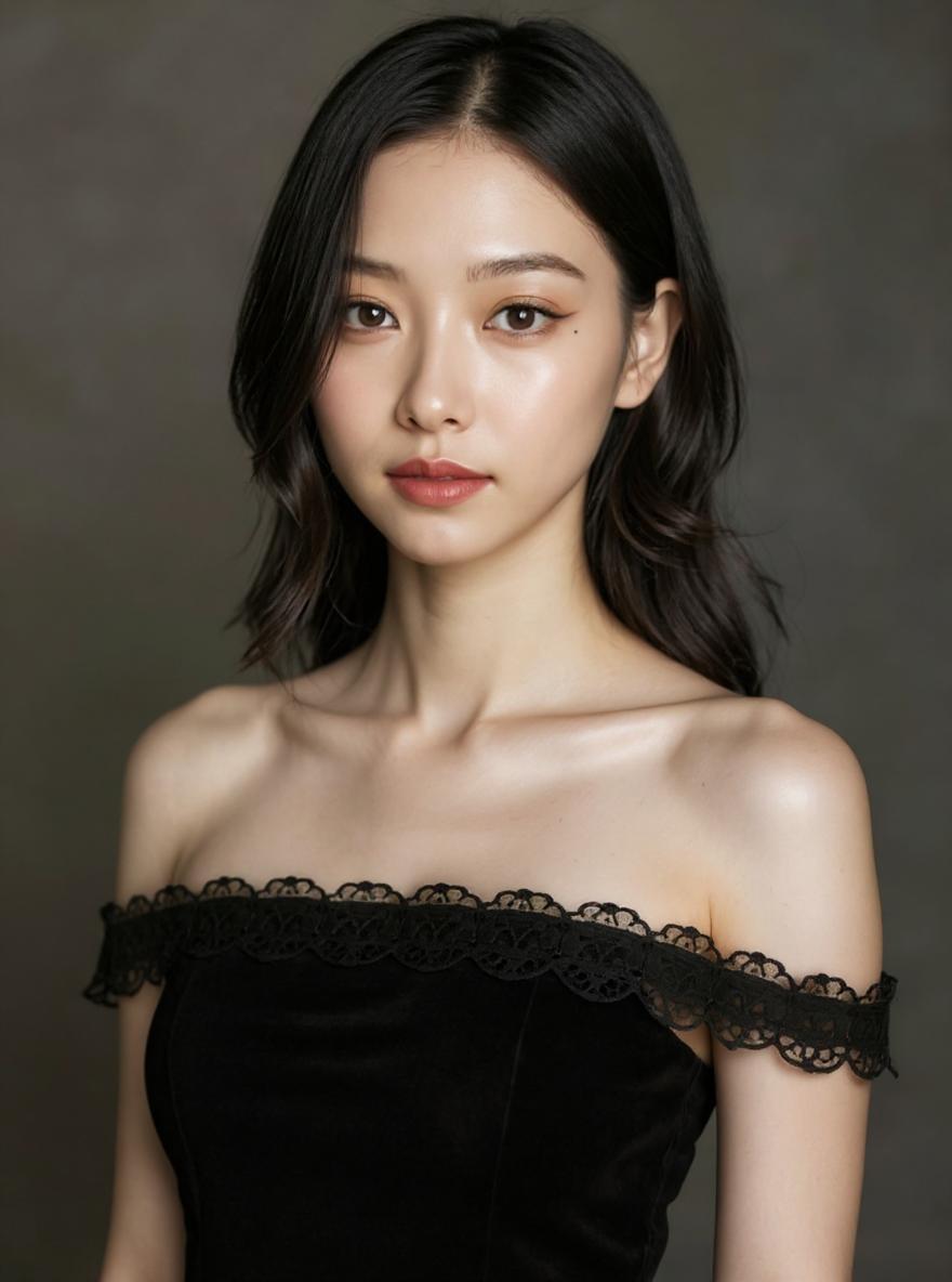 A slim, well-proportioned East Asian woman is standing in a natural and elegant pose, similar to a fashion model in a shopping mall catalog. Her face is exactly the same as the one in the uploaded image — same eyes, nose, lips, and jawline, with absolutely no changes. Her facial expression is calm and confident, and she looks directly forward.

The photo was originally monochrome but now appears vividly colorized with lifelike skin tones, realistic hair color, and natural fabric textures. The lighting is soft and even, making the image look like a real, high-quality studio photograph. The background is simple and clean, helping to keep the focus on the model.

