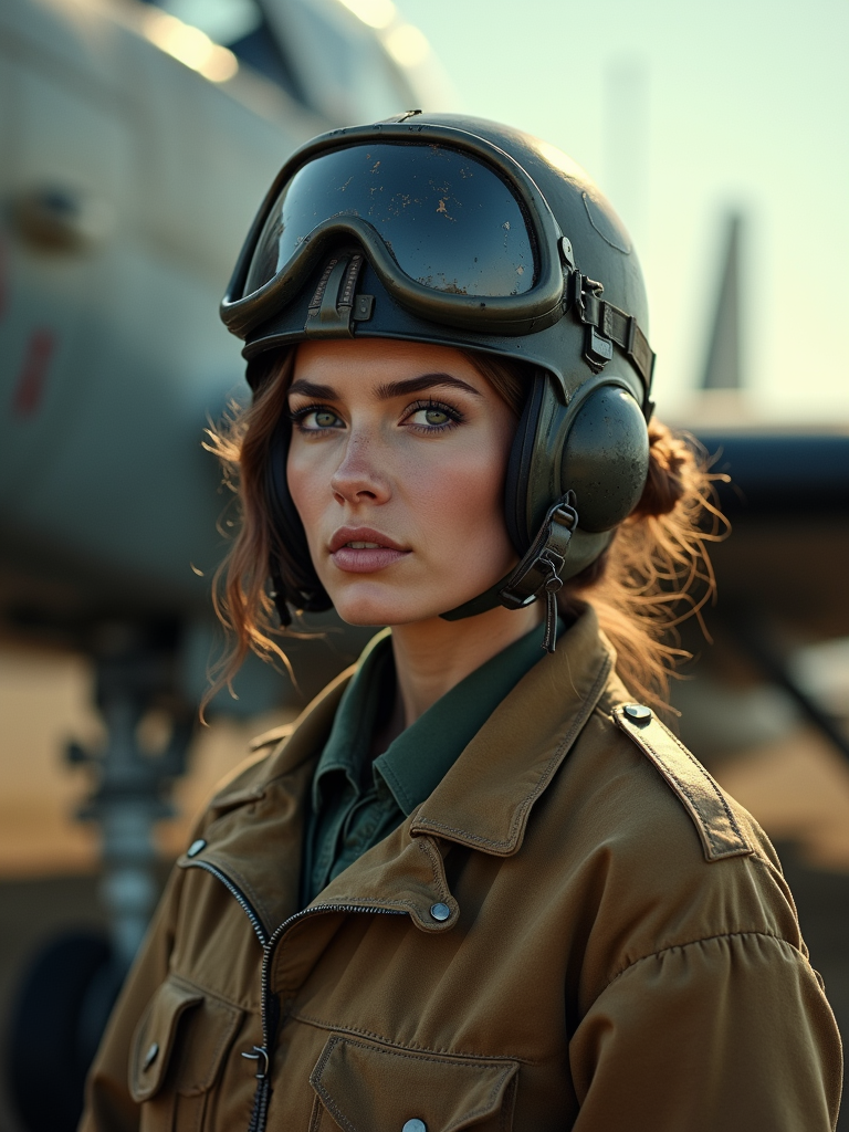 A 70s Soviet woman pilot stands confidently, her military helmet tilted slightly, revealing camouflaged fatigues in intricate earthy tones. Her piercing eyes, obscured by blacked-out welding goggles, exude mystery. The atmosphere is intense yet relaxed, with her hair elegantly styled in a bun, showcasing scratches on her helmet, hinting at past adventures. The background features a vintage aircraft, evoking a sense of historical significance, while soft sunlight filters through, casting dramatic shadows that enhance the scene's emotional depth. The overall composition balances strength and vulnerability, creating a captivating visual narrative.
