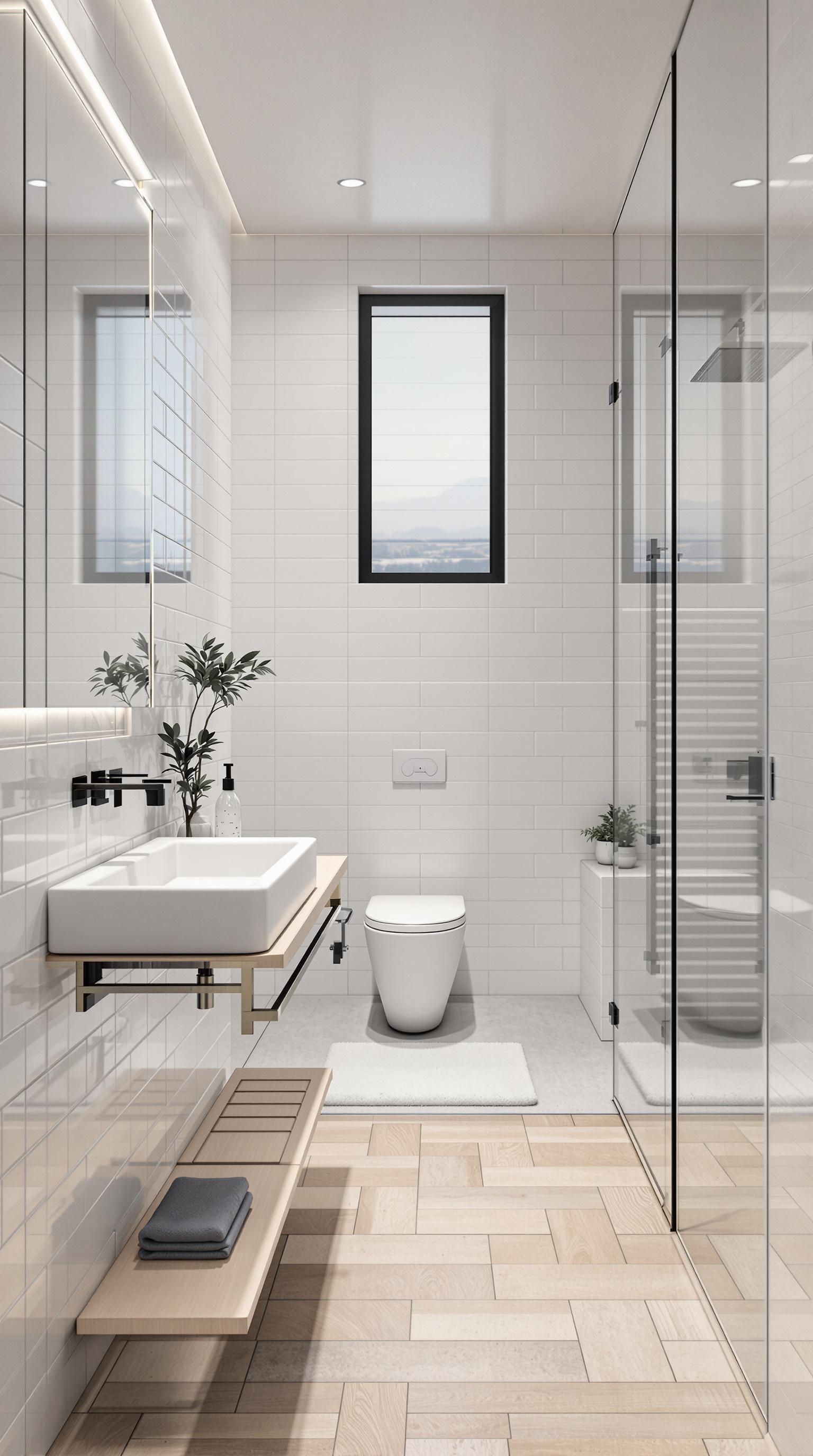 modern white square home, close up in person type of picture, daytime, modern bathroom