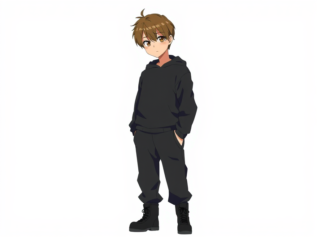Kai is of average height, with a slim and well-defined body, reflecting discipline and precision. He has short brown hair, always well-groomed, and brown eyes that convey calm and attention to detail. His clothes are simple and discreet, usually in neutral tones and classic cuts, which match his practical and efficient style. Now he is wearing a black sweatshirt, black sweatpants and black boots, looking straight ahead. White background Anime. CLAMP style