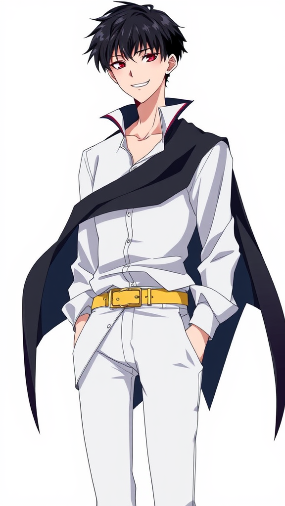Ren has a mysterious appearance, with short black hair, piercing eyes and pale skin. Tall and thin, he has a reserved and introspective air. He prefers dark-colored clothing and often has a serious expression, revealing a unique depth and intensity.
Now he is smiling and wearing white shirts, white pants and white shoes, as well as a golden yellow belt.
White background. Anime. CLAMP style.