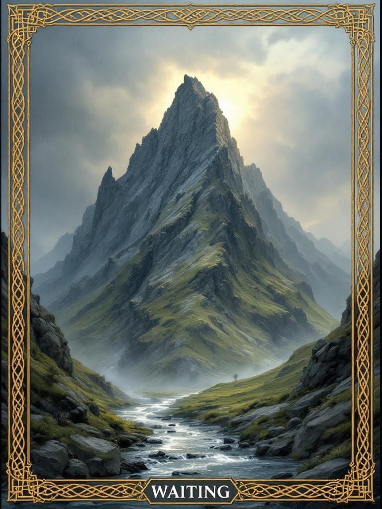 Full-card hand-painted background in slate grey, weathered stone, and mist blue, painted edge to edge—no white space or transparency. Ornate golden Celtic knotwork border overlays the background, crisp and distinct. Central scene: a single rugged mountain rendered primarily in natural stone colors (slate grey, charcoal, muted moss), with the dragon’s form formed by the mountain’s own rock strata, ridgelines, shadows, and lichen patterns—no separate green dragon body. The dragon is not overt, but is almost like as if it is the mountain itself, : a stony brow ridge, a snout-shaped outcrop, a coiling ridgeline for the body, and talus slopes that hint at limbs—subtle, integrated, and only visible upon contemplation. A narrow stream runs at the base with tiny new shoots emerging, evoking patient nourishment and waiting. The sky carries rain-heavy clouds with a soft break of gold light at the horizon. Title “WAITING” in a single 18pt elegant serif font, centered at the bottom with proper padding from the frame. At the top, a golden arch contains “5” in 14pt elegant serif font, perfectly centered. All elements unified; the dragon is not painted as a separate creature—its presence is implied by the mountain’s natural formations and shadowed relief.