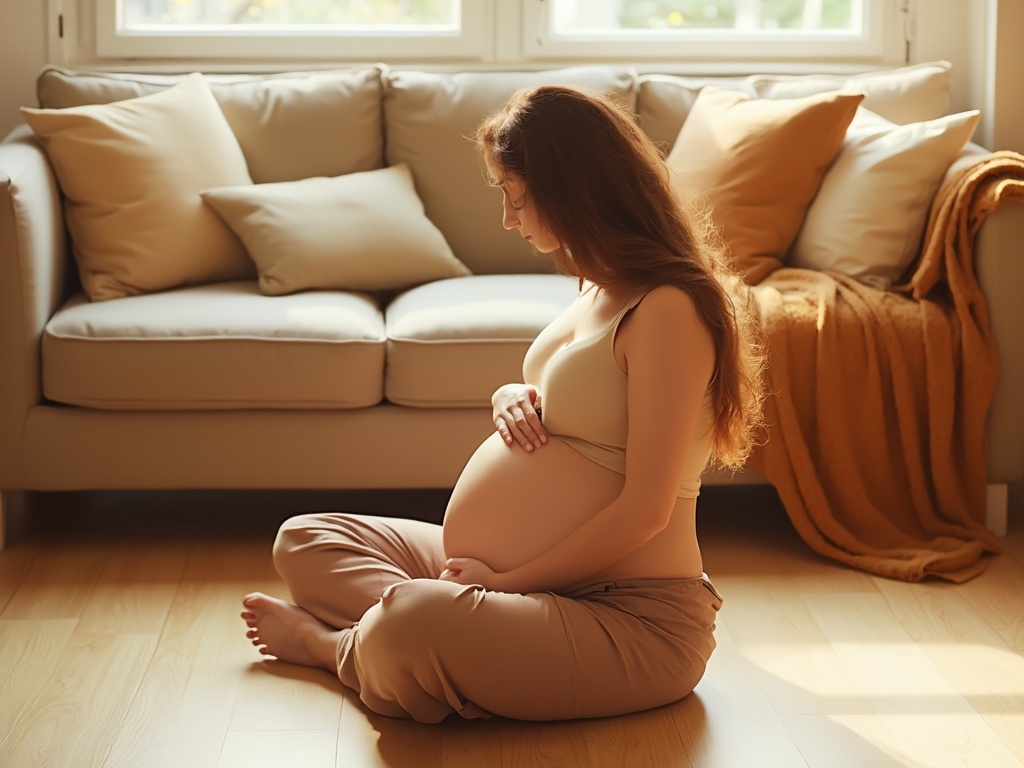 
The image features a serene moment of a pregnant woman sitting on the floor in a calm and inviting environment. She is dressed in a sleeveless beige top and soft, warm brown lounge pants, with bare feet resting gently on the smooth floor. Her hand tenderly cradles her rounded belly, and her long, light brown hair flows naturally over her shoulders. Her posture and facial expression convey a sense of tranquility and connection with her pregnancy.

The setting has been adjusted to reflect a warmer, cozier ambiance. The room features a beige-toned sofa in the background, adorned with soft, earth-toned pillows and a throw blanket in a warm caramel shade. The flooring has a light wooden texture with a soft beige hue, complementing the overall warm palette. The lighting is soft and golden, creating a comforting, nurturing atmosphere that highlights the peacefulness of the scene.