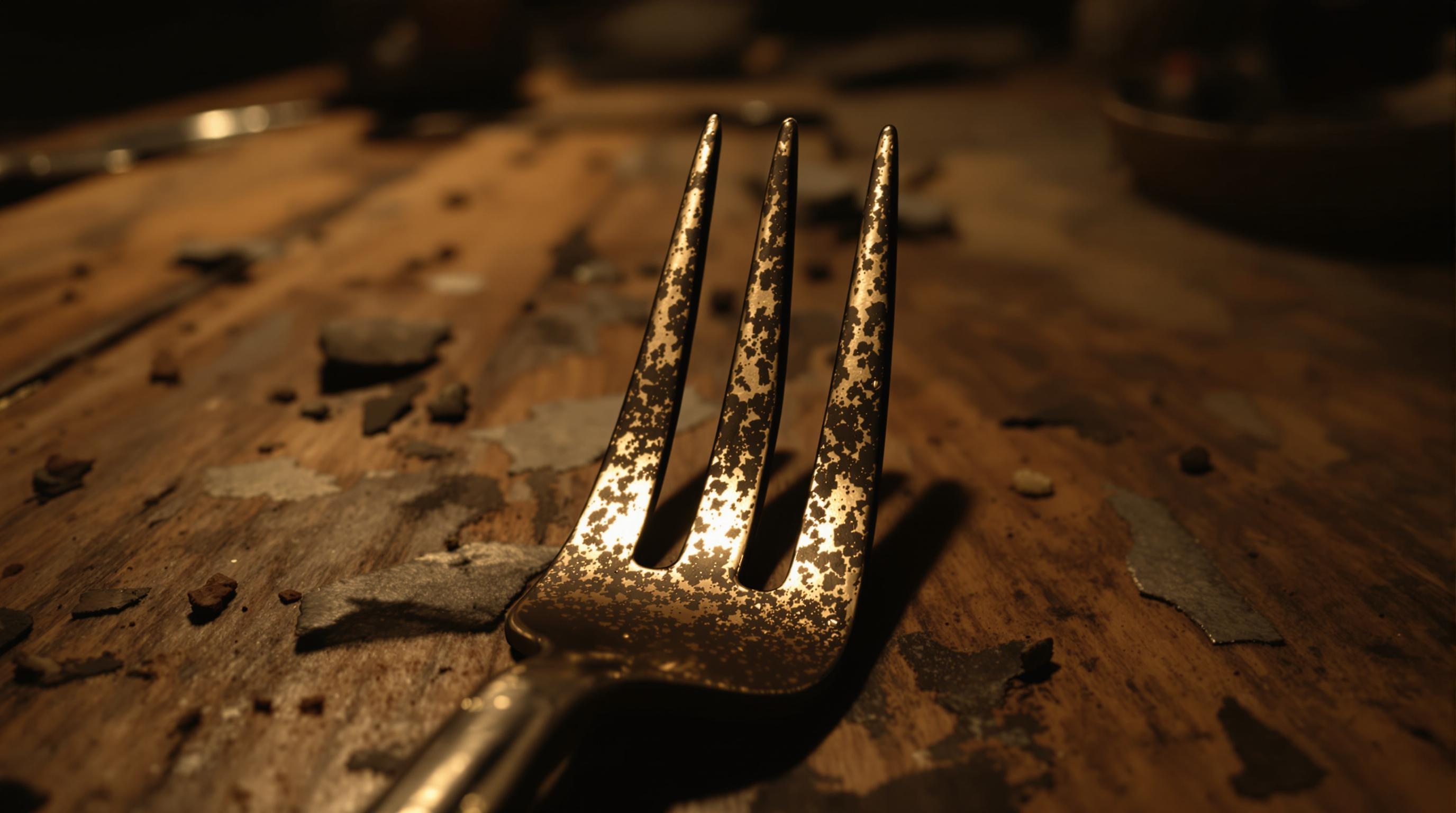 A tarnished four prong fork, its metallic surface reflecting the dim light, rests on a weathered wooden, dinner table, surrounded by remnants of a post-nuclear home. Reminiscent of Fallout 2's gritty atmosphere. Slightly turned its side to the camera, close up, low angle.