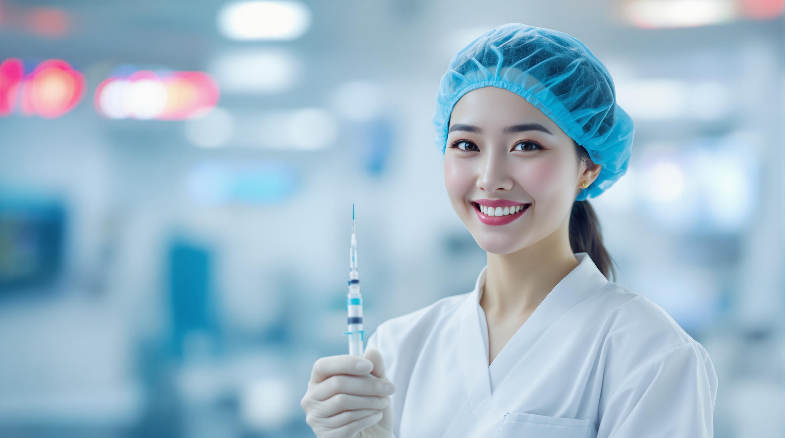 a beautiful chinese nurse, standing 3 meters away, smiles at the camera, holding injector in hand