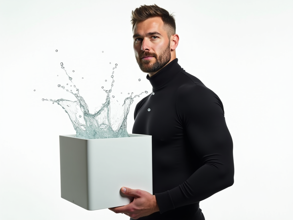 white muscular man with short beard in damaged, wore black turtleneck sweater holding a HUGE white square shaped container full of water that has splashes of water above it.  Completely white background. The man is slightly turner to the left