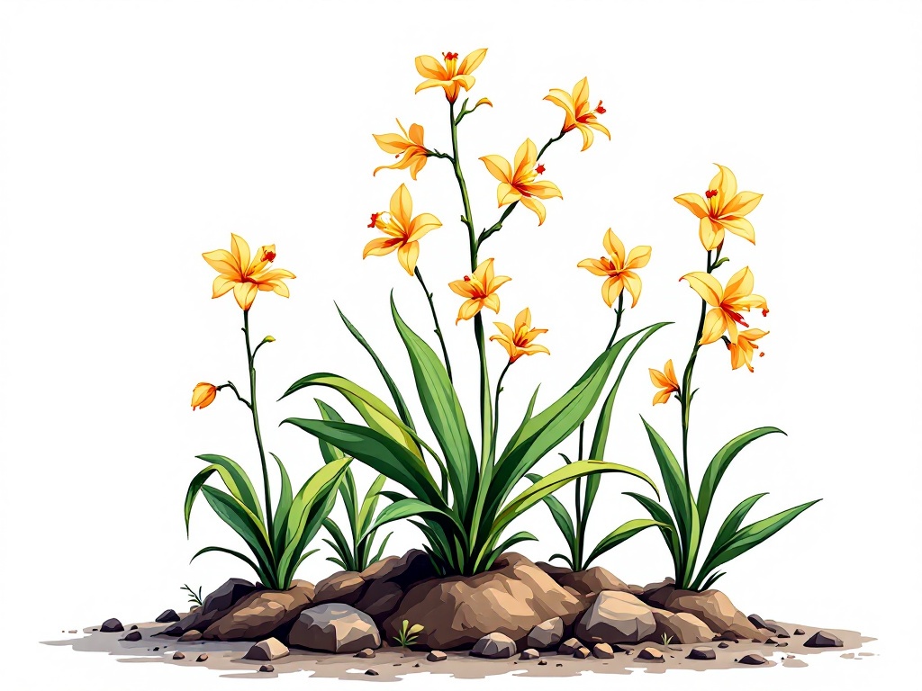 Flowers planted in the ground, Cucullate Neottianthe orchid , Gymnadenia cucullata, full body, cute 2D illustration, outlined cartoon, white background