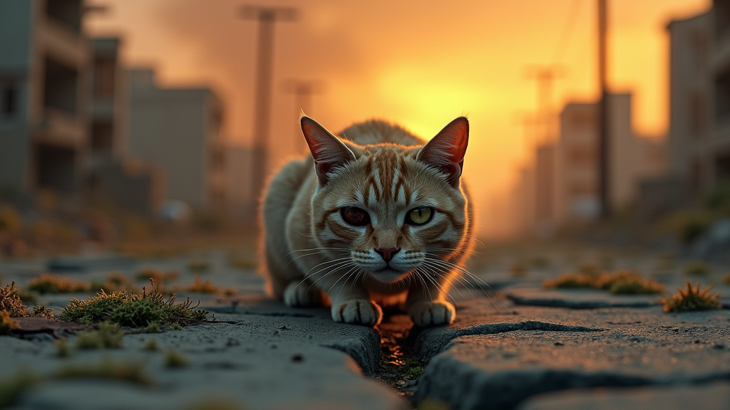An eye-wounded cat, crouches in a desolate, post-nuclear landscape. Cracked streets are overrun with moss, while broken buildings loom under a smoky, orange-hued sky. Its intense gaze reflects survival instinct amidst haunting serenity, evoking deep emotional resonance.