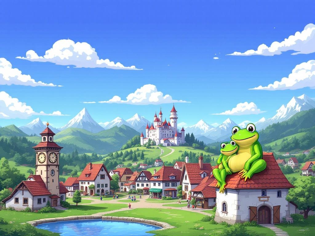 Pixel art. The image is a colorful illustration of a small town with a castle in the background. The town is surrounded by mountains and trees, and there is a lake in the foreground. The sky is blue with white clouds, and the ground is covered in green grass. In the center of the town, there are several buildings with red roofs and white walls. On the left side of the image, there is an old-fashioned clock tower with a clock on top, and on the right side, two green frogs are perched on the roof of one of the buildings. The frogs are smiling and appear to be enjoying themselves. There are also a few people walking around the town. The overall style of the illustration is cartoon-like and whimsical. 