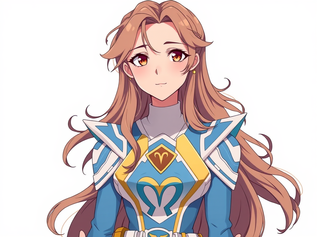 Of average height and slender build, Luna has long, wavy hair in a light brown tone, which matches her honey-colored eyes, full of kindness and determination. Her gentle appearance is complemented by comfortable and delicate clothes, usually in earthy tones and accessories that reflect her kind and determined personality. Now she is wearing a power ranger outfit, in sky blue color, with white shoulder pads, symbol of the constellation of Taurus on the chest and without a helmet. White background Anime. CLAMP style
