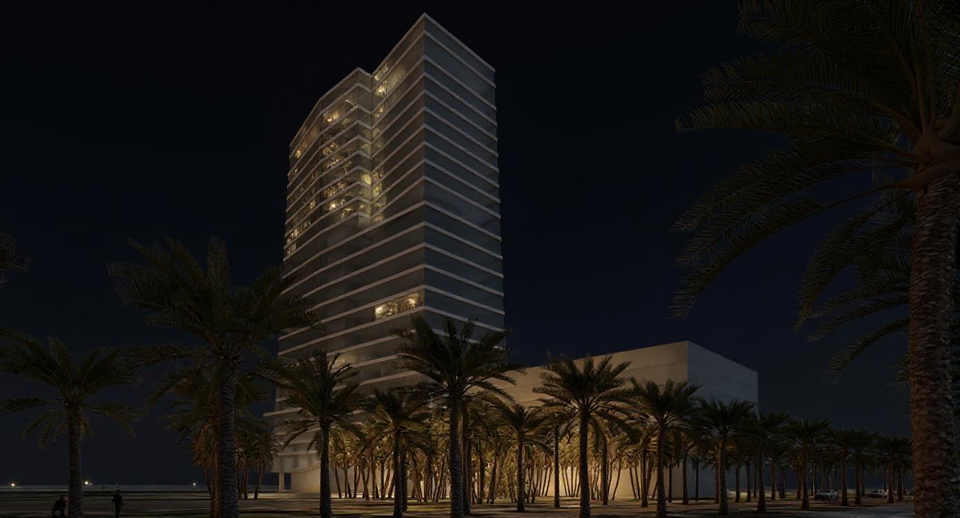 make night time render, photorealistic, put lights inside all building, and street lights, make the foreground active with people

