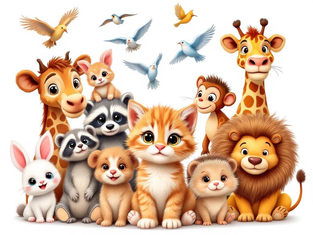cartoon image of various baby animals including a kitte, puppy, rabbit, raccoon, hedgehog, monkey, highland cow, giraffee, bird and lion. Kitten is front and center and birds are flying overhead.   Image is set on a white background

