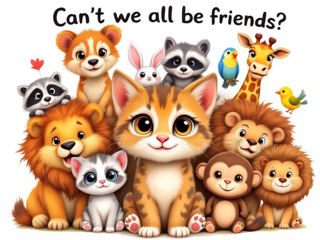 
cartoon image of various baby animals including a kitte, puppy, rabbit, raccoon, hedgehog, monkey, highland cow, giraffee, bird and lion. Kitten is front and center. Text says "Can't we all be friends?"  Image is set on a white background

