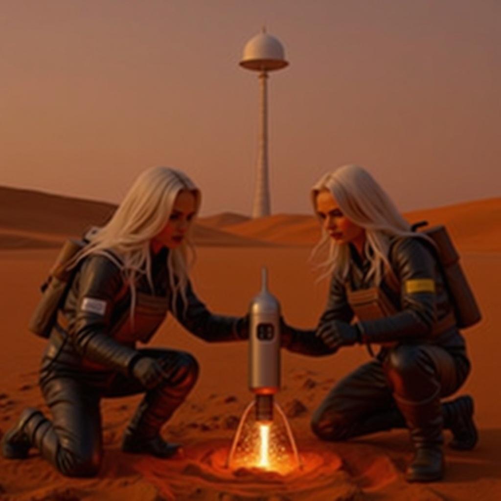 16x9 image, Zara and Lena in EVA suits, repairing rocket, sparks glowing. Martian dunes loom, Stellaris towering above..