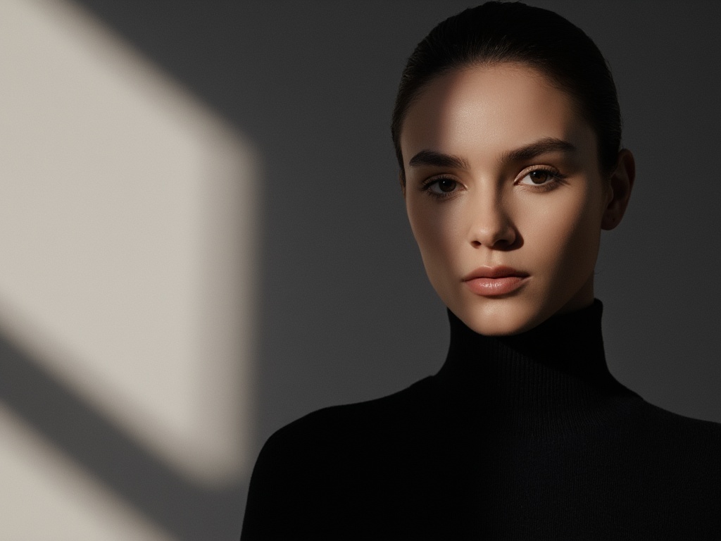 close up portrait, Amidst the interplay of light and shadows in a photography studio,a soft spotlight traces the contours of a face,highlighting a figure clad in a sleek black turtleneck. The garment,hugging the skin with subtle luxury,complements the Caucasian model's understated makeup,embodying minimalist elegance. Behind,a pale gray backdrop extends,its fine texture shimmering subtly in the dim light,artfully balancing the composition and focusing attention on the subject. In a palette of black,gray,and skin tones,simplicity intertwines with profundity,as every detail whispers untold stories.
