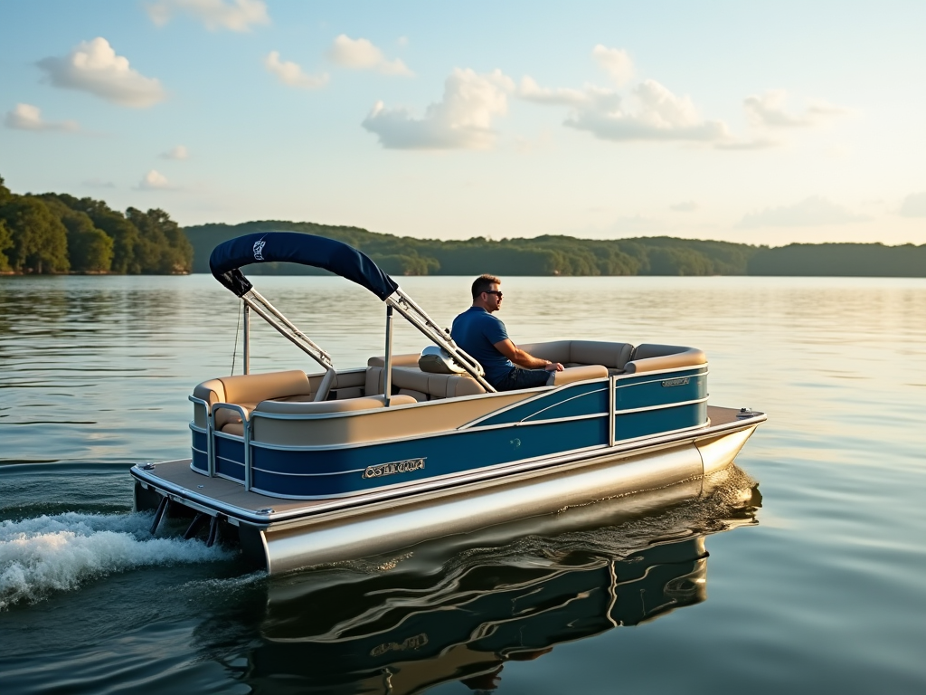 a-guy-driving-a-pontoon-boat-on-a-lake-evx0n7cpuu