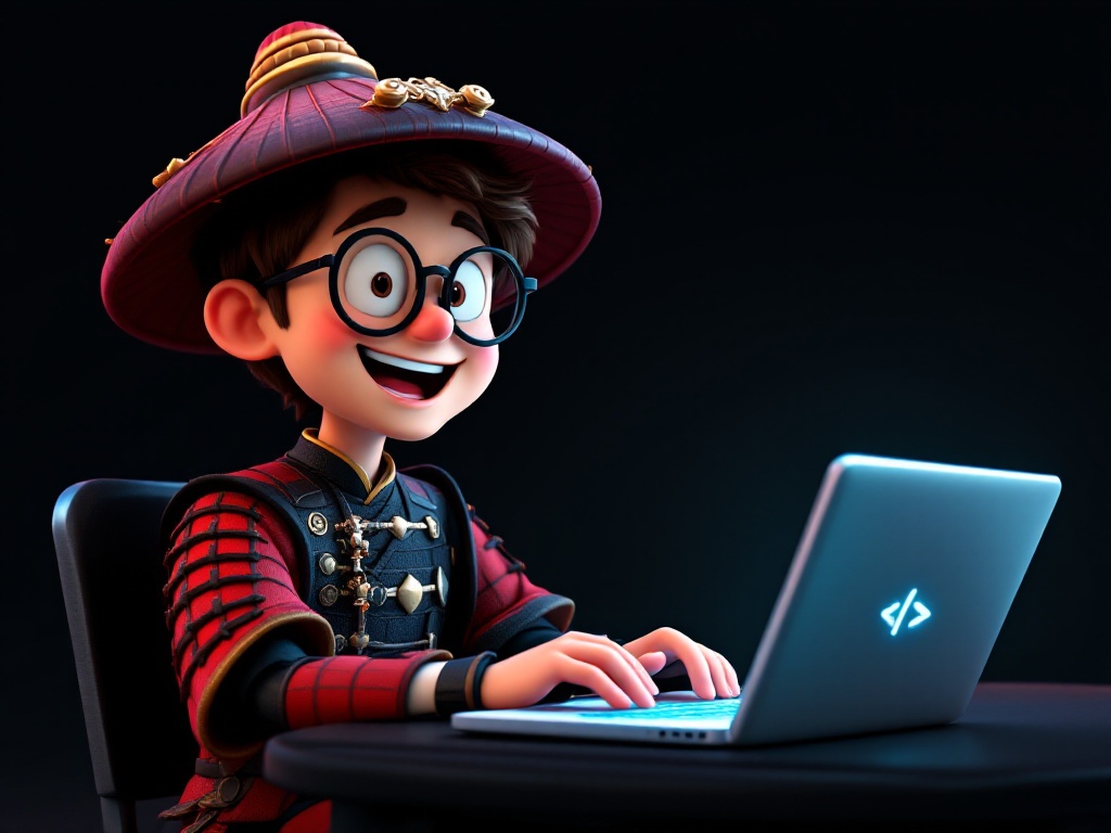 3D cartoon adult male character, Pixar-style, wearing a traditional samurai hat (jingasa), round black glasses, short brown hair, dressed in a detailed red and black samurai outfit with armor elements, cheerful expression, open mouth like he's talking or excited, sitting and typing on a laptop, glowing screen, a visible “</>” code symbol on the back of the laptop, black background, stylized and clean look, soft lighting, high quality render

