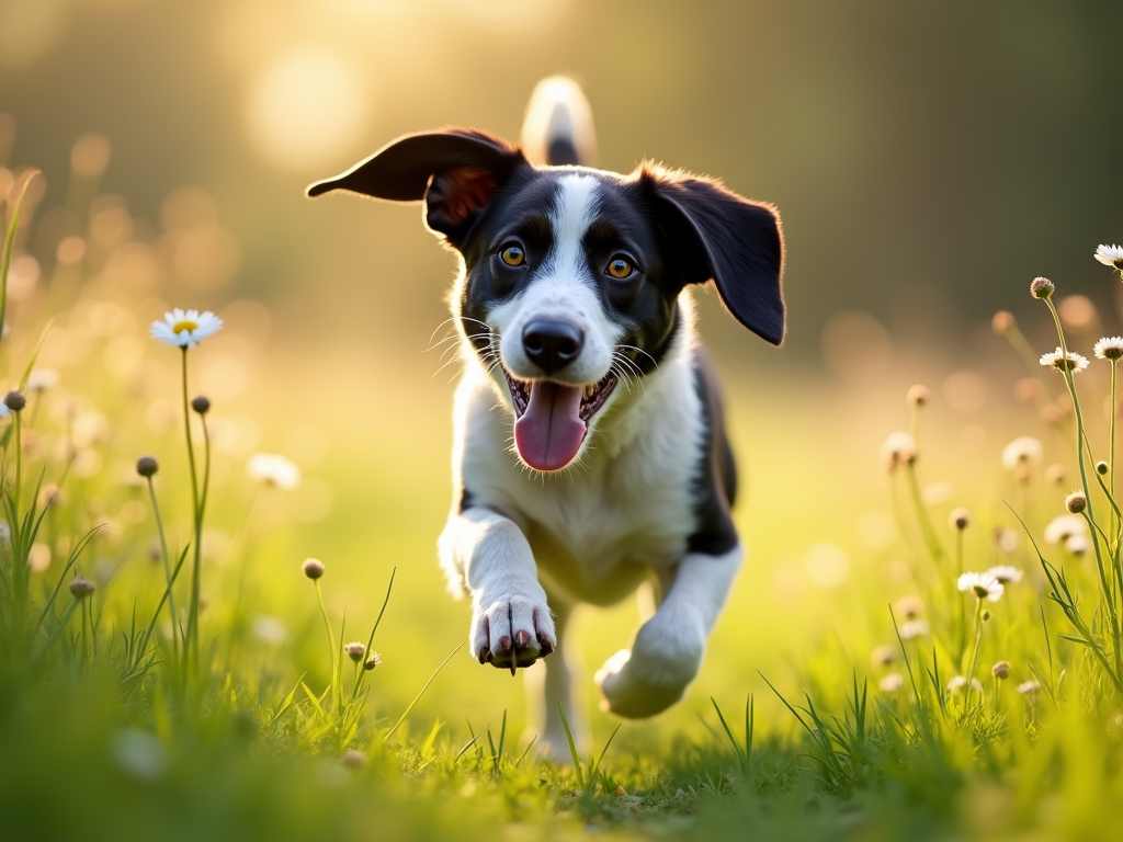 A joyful hunting dog, its sleek black and white fur glistening under the soft morning light, bounds through a lush green meadow. The dog's expressive eyes radiate excitement, while wildflowers sway gently in the breeze, creating a serene, vibrant atmosphere.
