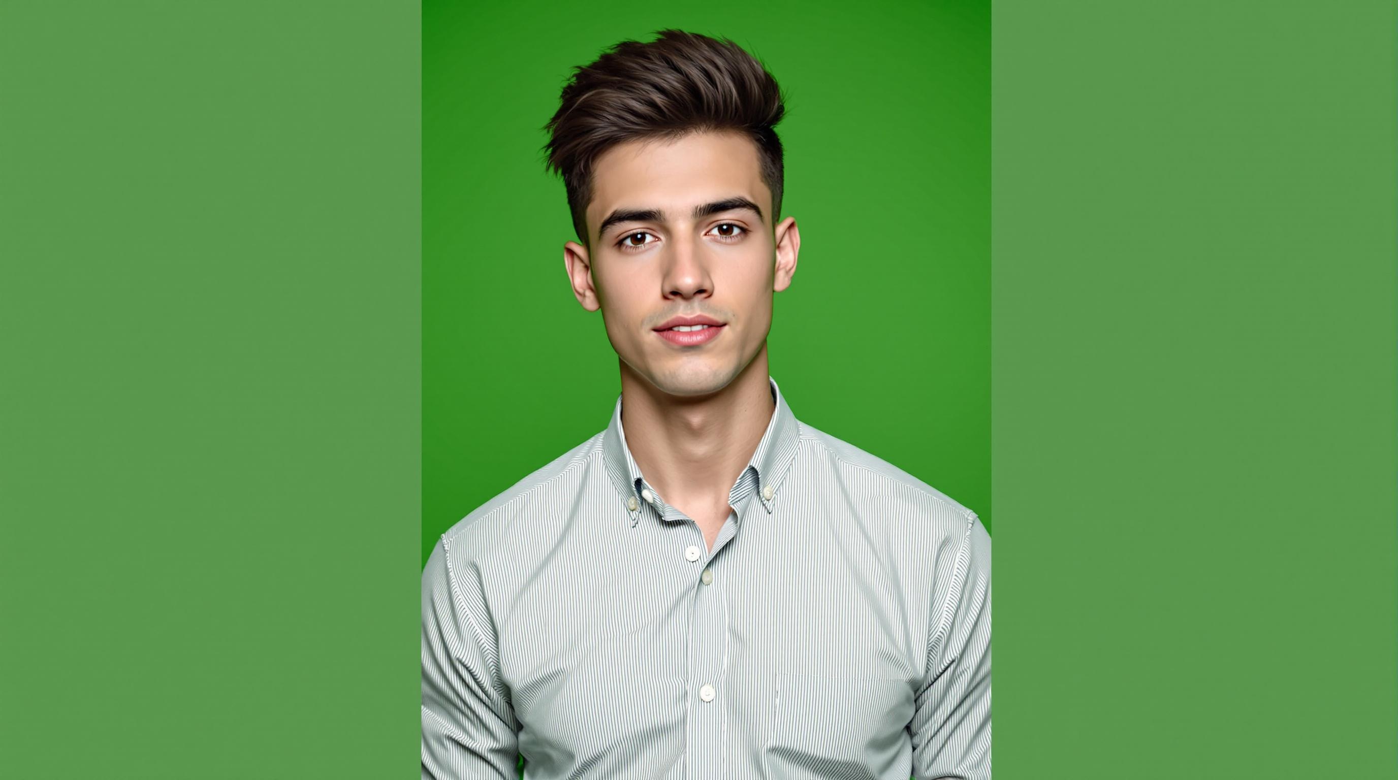 A 20-year-old young man with a fresh and vibrant appearance, standing confidently and looking straight at the camera. He has sharp facial features, clear skin, and a stylish, modern haircut that enhances his youthful charm. He is dressed casually in a fitted shirt that complements his physique. The composition focuses on his upper body, highlighting his confident posture and natural charisma. The background is a rich, solid green, creating a fresh and energetic atmosphere that enhances his youthful look.