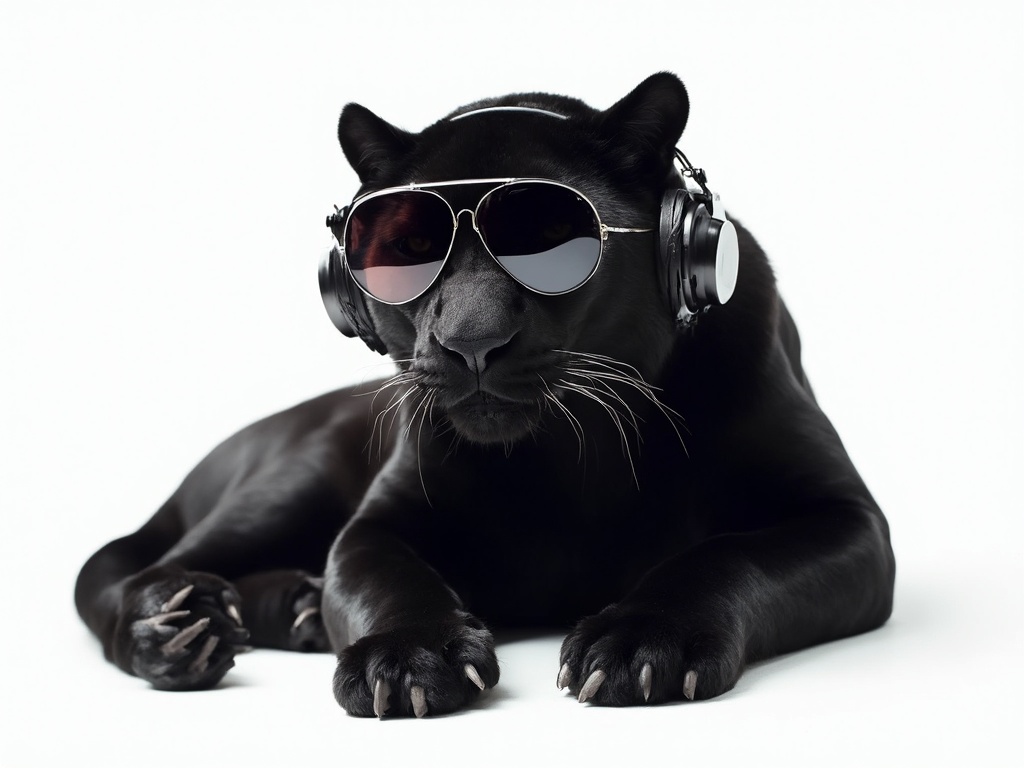 A majestic black panther lounges confidently against a stark white background, its sleek fur glistening under soft, diffused lighting. Adorned with oversized, reflective sunglasses and stylish headphones, it exudes an aura of cool sophistication, blending nature with urban flair, captivating viewers.