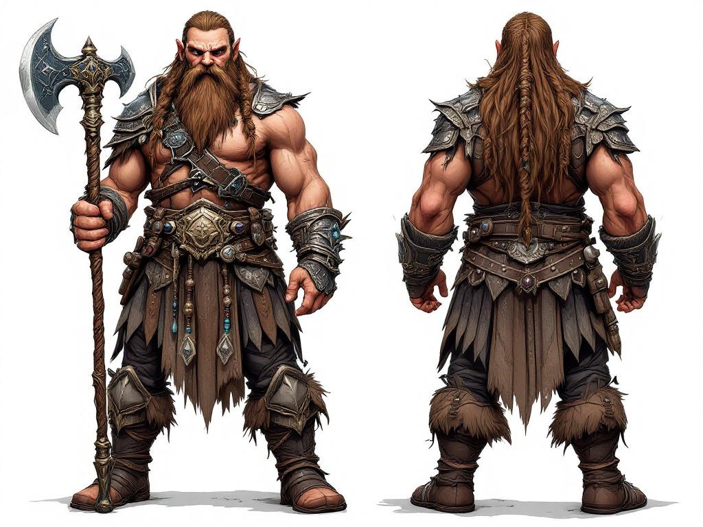 full-body portrait of a powerful dwarf troll slayer, extremely muscular with broad shoulders, shorter than average dwarves, wearing ornate leather armor with metal details and traditional dwarven patterns, holding a legendary decorated axe with gems, long brown braided hair and beard with beads woven in, clean and well-groomed, proud noble expression, fantasy illustration style, front and back view, neutral background --v 5.2 --ar 2:3 --style raw