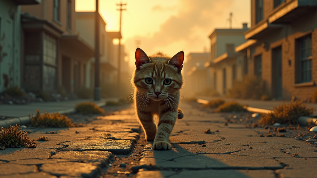 A dirty cat, strolling along a desolate street, post-nuclear landscape. Cracked streets are overrun with moss, while broken buildings loom under a smoky, orange-hued sky. Its intense gaze reflects survival instinct amidst haunting serenity, evoking deep emotional resonance. Fallout 2 and Mad Max style scene.
