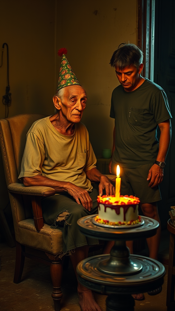 An elderly man, with a frail and delicate appearance, is sitting in an old, worn chair in a room dimly lit by the yellow glow of the candles on the table. He is dressed in a t-shirt and torn pants, reflecting the abandonment and hardships of his life. His deeply wrinkled face, with thin, sagging skin and a tired expression, tells a story full of sadness and suffering. He wears a crooked birthday hat, the festive appearance of which contrasts cruelly with his desolate expression. In front of him, on a small, worn table, sits a small, colorful birthday cake with a lit candle casting flickering shadows on the walls. Next to him is his son standing, looking at him with an angry expression, as if he harbors a deep resentment. The tension between the two is palpable, adding a layer of discomfort to the scene. The surroundings are abandoned, with signs of dirt, worn furniture and peeling walls, reflecting abandonment and loneliness. The yellowish lighting creates a melancholic atmosphere, accentuating the shadows projected on the wall: the frail figure of the elderly man seems cowered in solitude, while the tense presence of the son adds emotional weight to the scene.