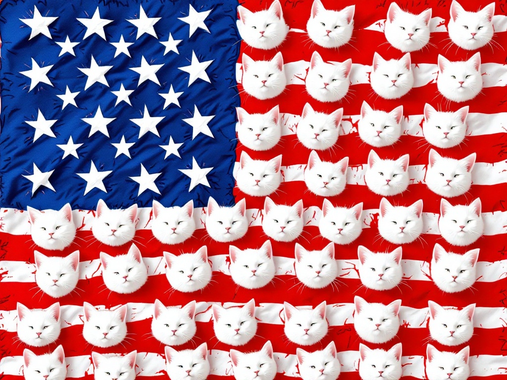 an american flag that is cat themed with the 50 stars replaced with 50 solid white cat heads