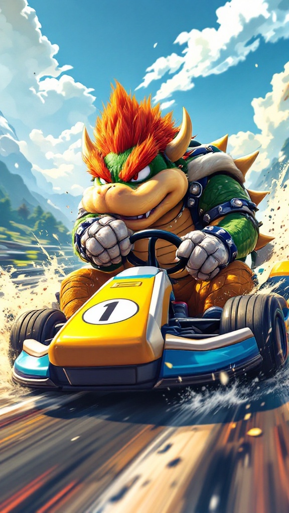 erstelle einen Hochgeschwindigskeitrennen 

Der Bösewicht Bowser in einem Renn-Kart so wie man es aus Super Mario Kart kennt.

Die Grafik soll Comic GTA 5 Stil haben.