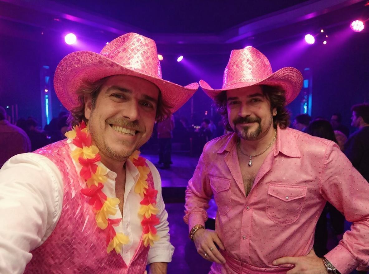 Put to both men Pink disco clothes and a Pink cowboy hat in a disco dance floor background. Dont change his heads