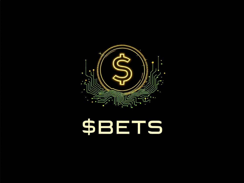 A clean, sleek black background with a glowing, futuristic $BETS coin at the center, radiating soft golden light. The coin is surrounded by subtle, dynamic green waves or lines symbolizing digital energy and growth. Below the coin, the text '$BETS' is prominently displayed in bold, modern typography, glowing slightly. The design is minimalist yet powerful, emphasizing the coin as the centerpiece of the crypto universe.