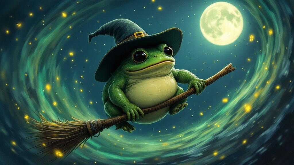 obese toad, wearing a witch's hat, emerald skin glistening under a moonless night sky, rides a splintered broomstick amidst a swirling vortex of bioluminescent fireflies; a silly style