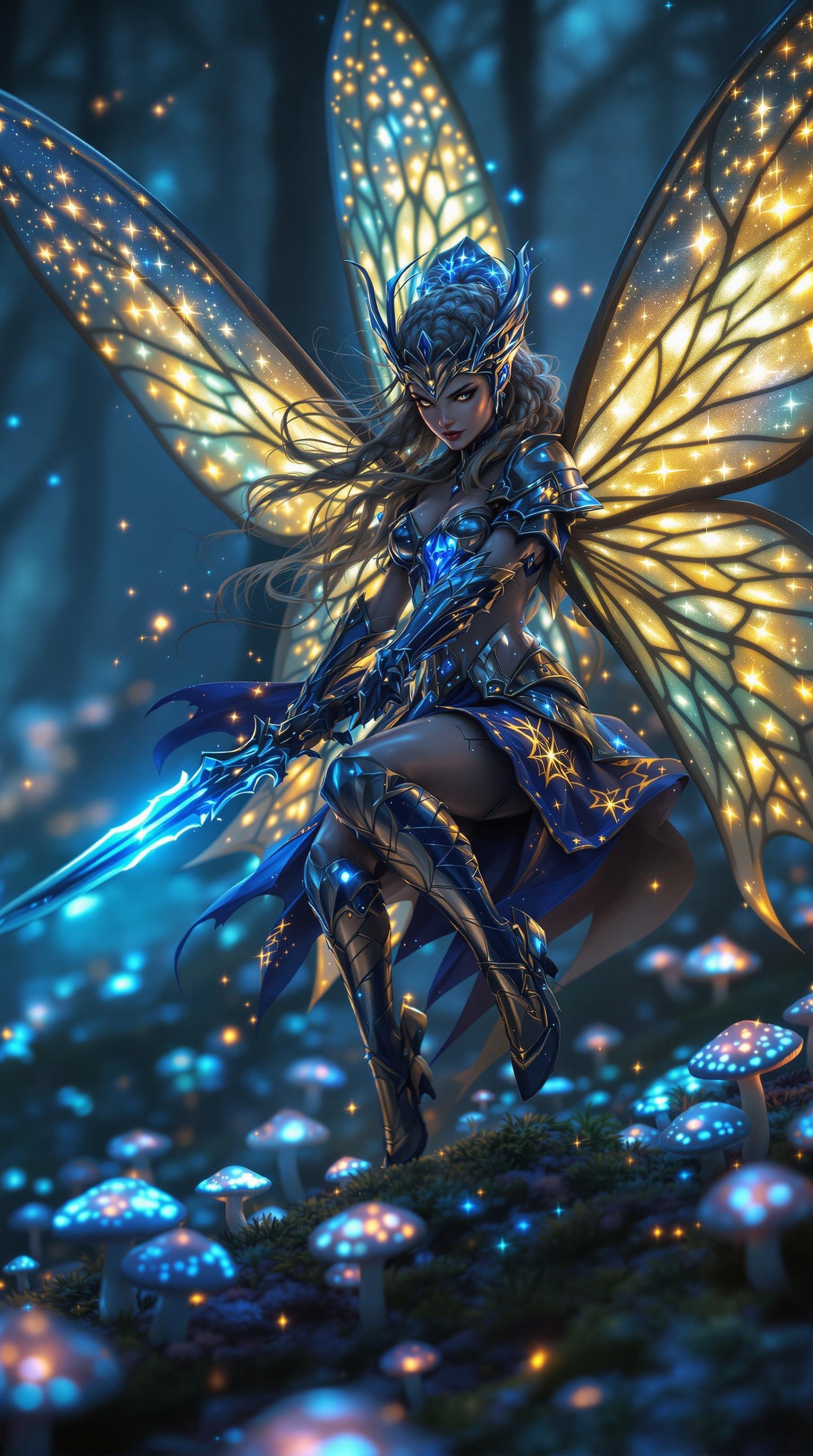 A hyper-realistic macro photograph of a fierce fairy knight adorned in glimmering sapphire and silver plate armor, her cascading hair braided with threads of starlight. She wields a radiant, crescent-shaped sword glowing faintly blue, its blade etched with runes of protection. Her mount is a vibrant butterfly with massive, luminescent wings patterned like a galaxy of stars, mid-flight above a glowing mushroom patch. The environment is a bioluminescent forest, the ground alive with tiny, shimmering fungi, and the air filled with glowing motes of light. Shadows dance across her determined face as eerie turquoise light from the mushrooms outlines her silhouette. The atmosphere brims with suspense as distant, monstrous silhouettes loom in the background. The hyper-realistic detail showcases the texture of her armor, the delicate veins in the butterfly’s wings, and the soft luminescence of the fungi.