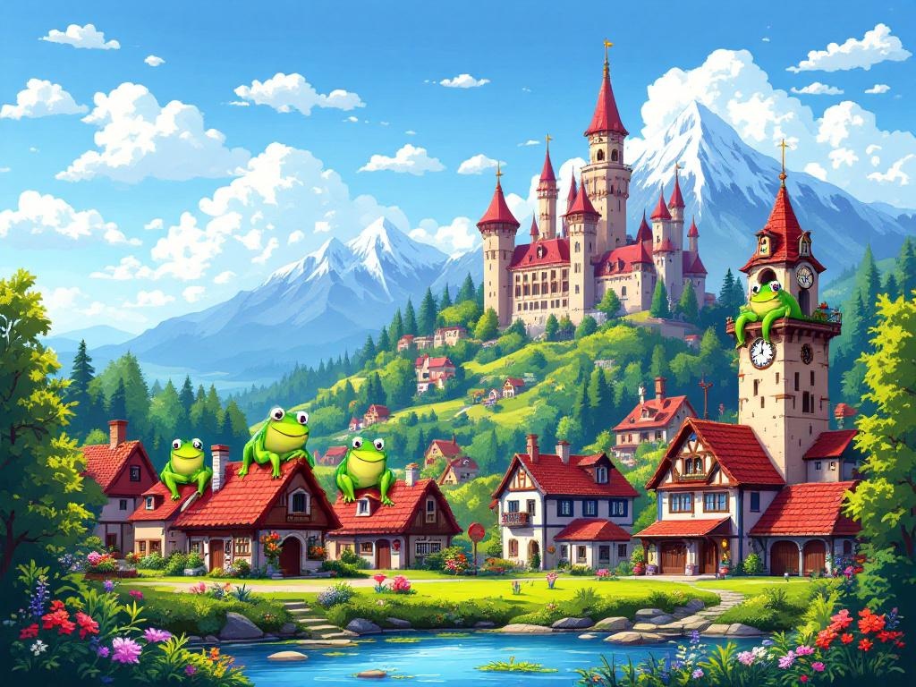 A whimsical pixel art scene: a vibrant village nestled in a verdant valley, overlooked by a majestic, snow-capped castle;  red-roofed houses, a whimsical clock tower, and two jovial green frogs perched on a building, all under a bright blue sky dotted with fluffy white clouds; a tranquil lake reflects the cheerful scene, mountains rise in the distance, creating a harmonious, joyful atmosphere.
