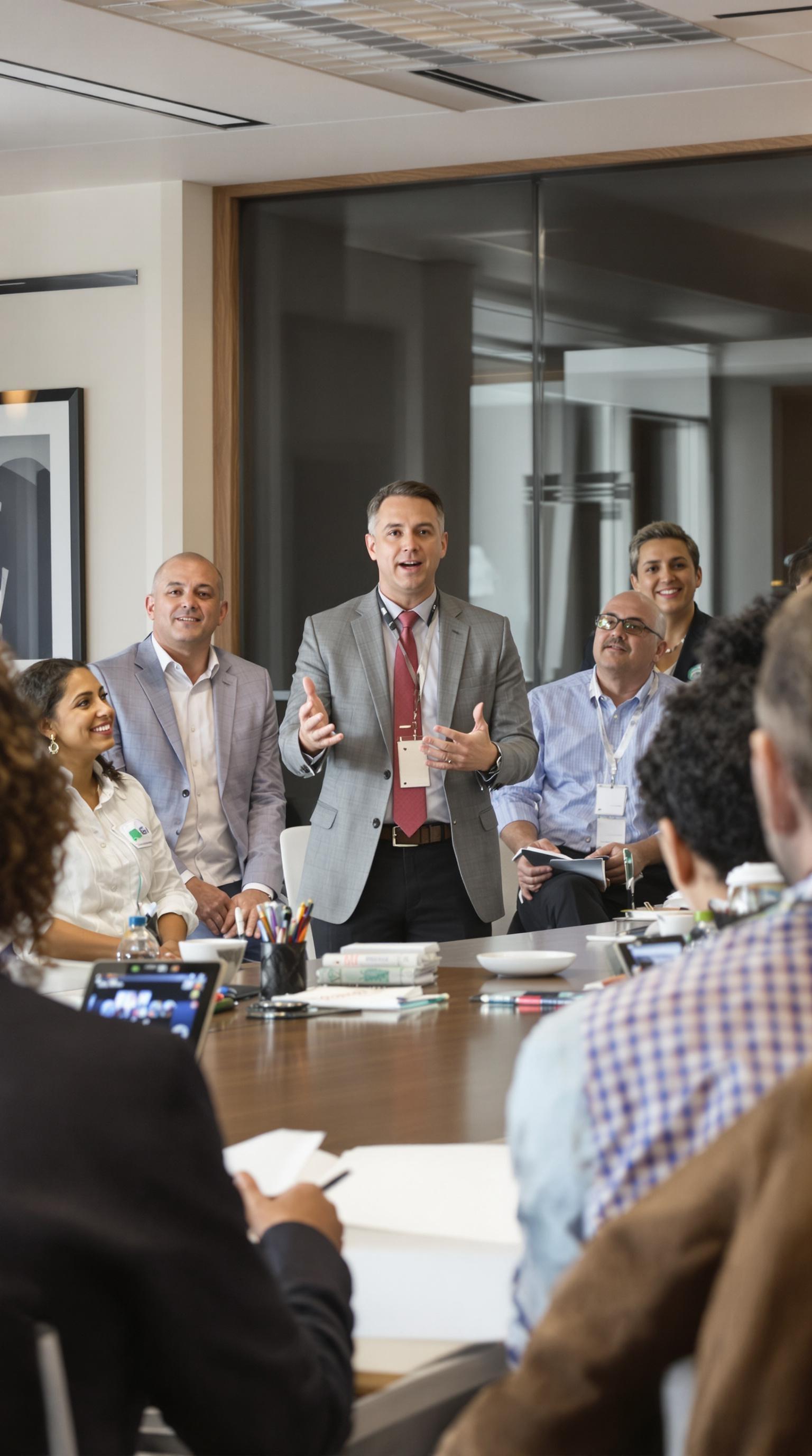 
A modern boardroom setting with a small group of professionals engaged in a mental health certification training session. Diversity. The speaker, a confident facilitator, stands at the front, gesturing while explaining key points. The audience, consisting of men and women , is actively listening, smiling, and taking notes. The participants are dressed in  casual attire—some wearing sport coats, but no business suits or ties. The atmosphere is warm, professional, and welcoming, with natural lighting and a clean, modern office design. no people in the foreground.