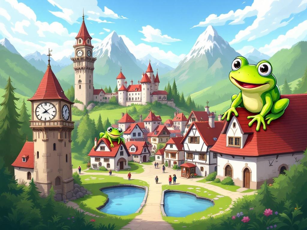 The image is a colorful illustration of a small town with a castle in the background. The town is surrounded by mountains and trees, and there is a lake in the foreground. The sky is blue with white clouds, and the ground is covered in green grass. In the center of the town, there are several buildings with red roofs and white walls. On the left side of the image, there is an old-fashioned clock tower with a clock on top, and on the right side, two green frogs are perched on the roof of one of the buildings. The frogs are smiling and appear to be enjoying themselves. There are also a few people walking around the town. The overall style of the illustration is cartoon-like and whimsical.