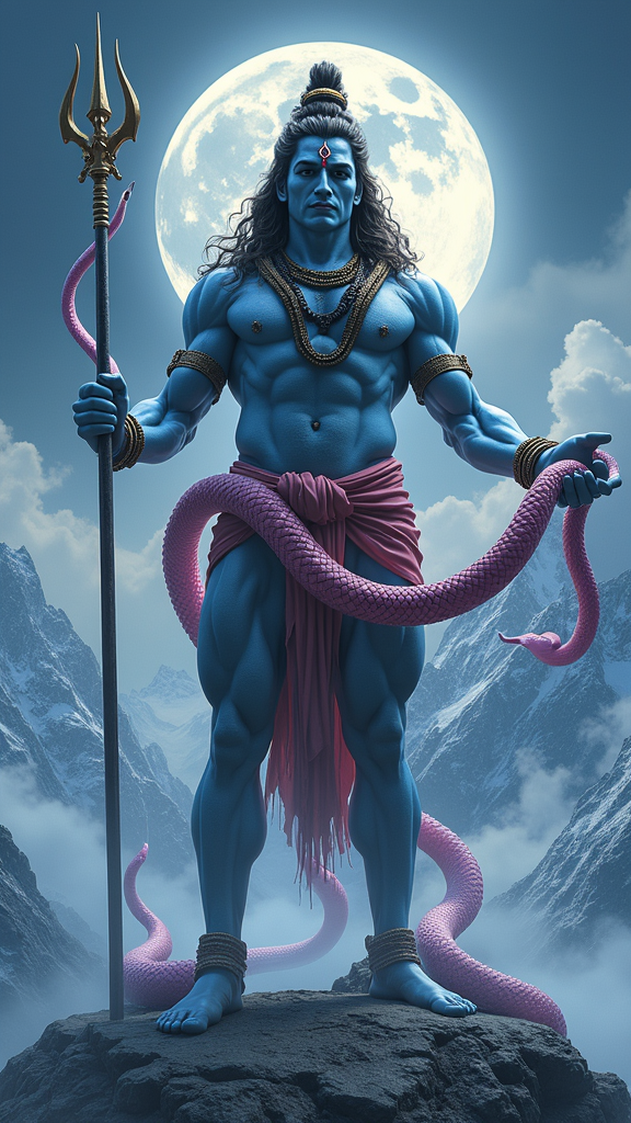 A breathtaking hyper-realistic depiction of Lord Shiva, a colossal bodybuilder, adorned with a vibrant snake garland. He holds a trident in one hand, effortlessly lifting a massive mountain with the other. Ethereal divine powers swirl in the moonlit background, illuminating snow-covered peaks, creating a serene yet powerful atmosphere. The composition is rich in detail, showcasing intricate textures of Shiva's muscular form and the shimmering scales of the snake. The scene evokes a sense of awe and reverence, blending the tangible with the spiritual, capturing the essence of strength and divinity in perfect harmony.
