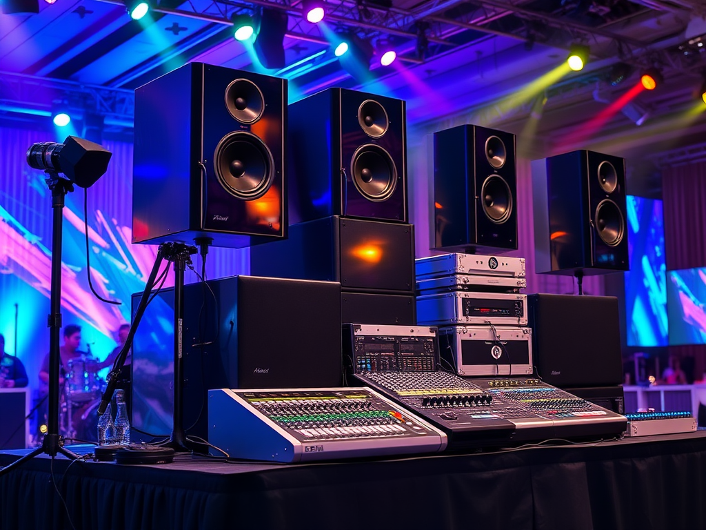 A sleek, concert sound system setup dominates a vibrant event stage, featuring polished black speakers, gleaming silver amplifiers, and a sophisticated mixer. 