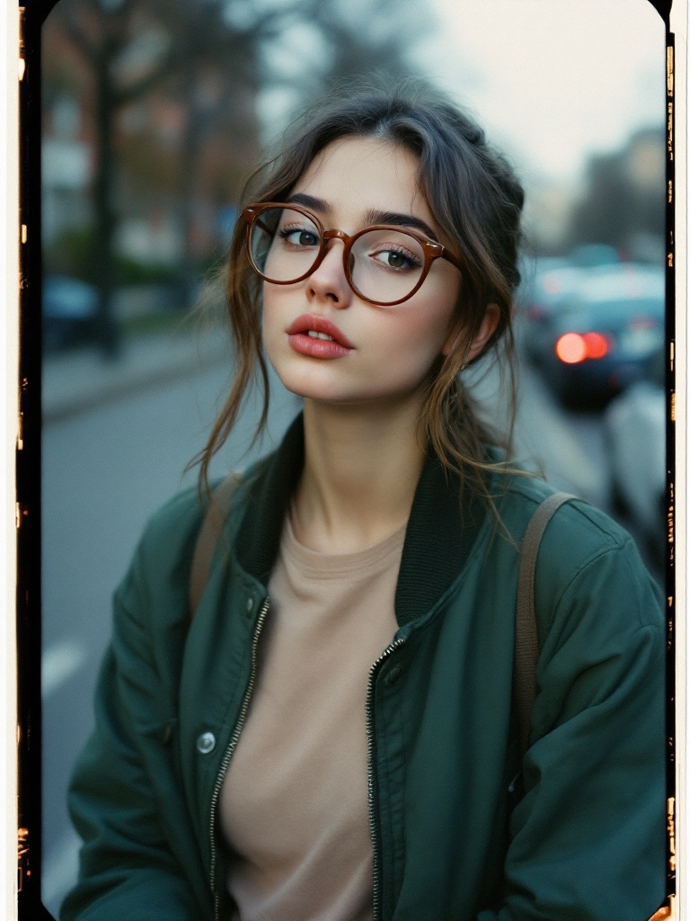 A young woman of Slavic appearance poses sideways, throwing her head up so that her face is visible. She has freckles on her nose and brown-lensed glasses in her eyes. She is wearing a green bomber jacket and a beige T-shirt underneath. She poses against the background of a road with parked cars. The photo looks like it was taken on a polaroid