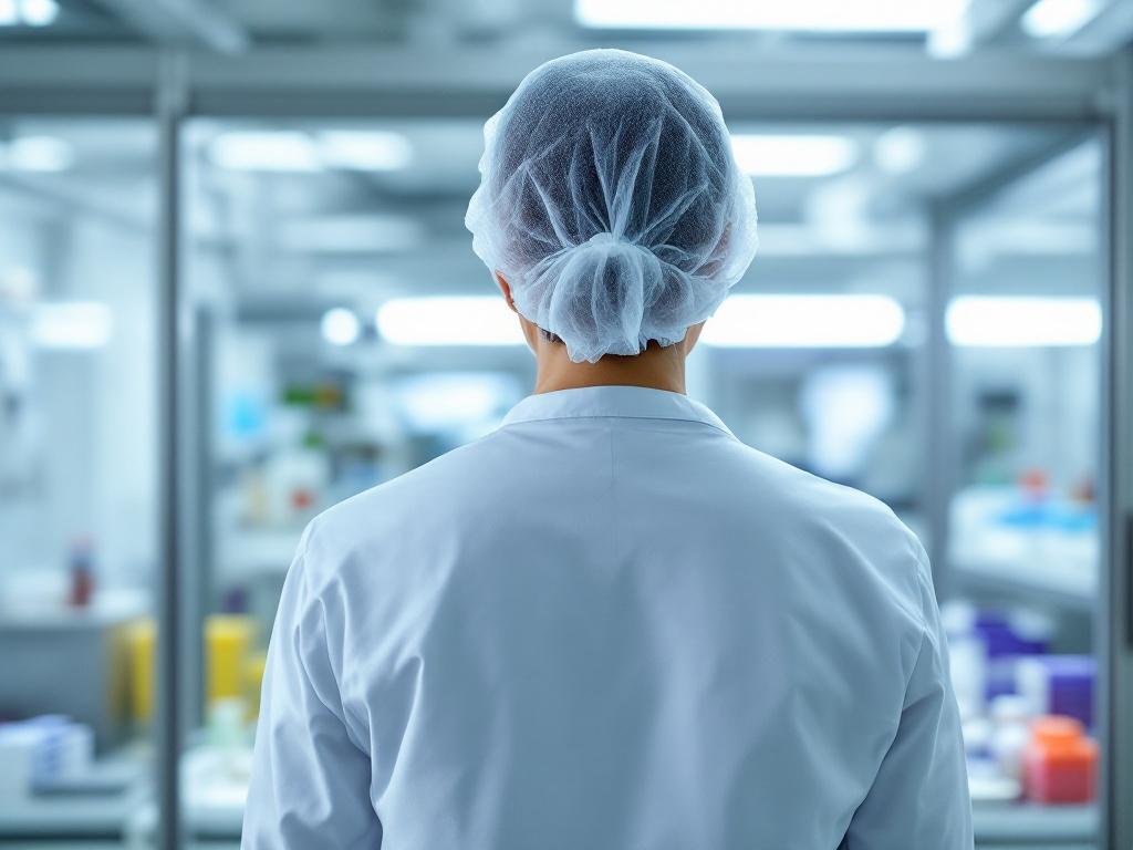 a pharmaceutical femal worker wearing a hairnet and a white uniform working ,seen from the back